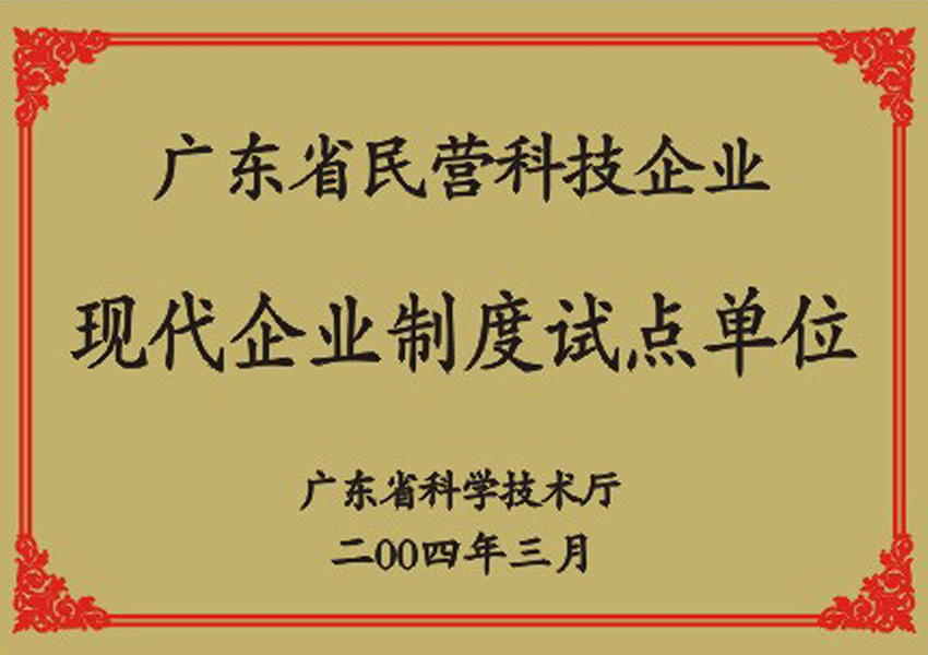 2004年廣東省民營科技企業現代企業製度試點單位證書